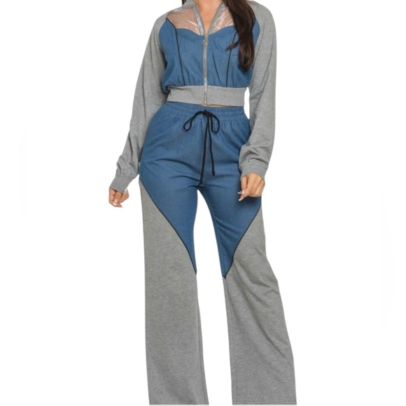 Julia by Love J Pants - Julia by Love J Athlesure/Dress, Denim/Mesh Contrast Wide Leg Pant & Jacket SET